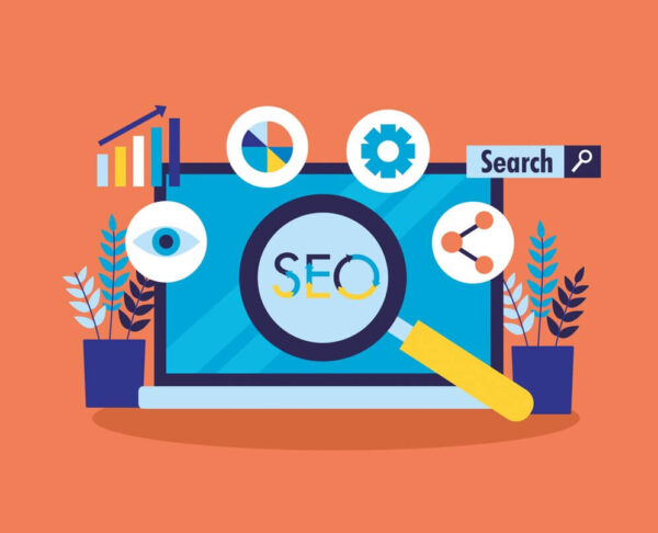 SEO concept illustration showing a laptop screen with a magnifying glass, charts, gear icons, and search symbols representing optimization.