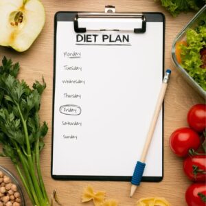 Clipboard with a weekly diet plan surrounded by fresh vegetables, fruits, pasta, and legumes on a wooden table.