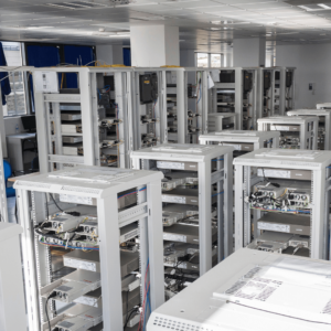 A large data center room filled with multiple open server racks containing electrical and computing equipment. The room has a structured layout with visible cabling and cooling units, indicating a well-organized IT infrastructure environment.