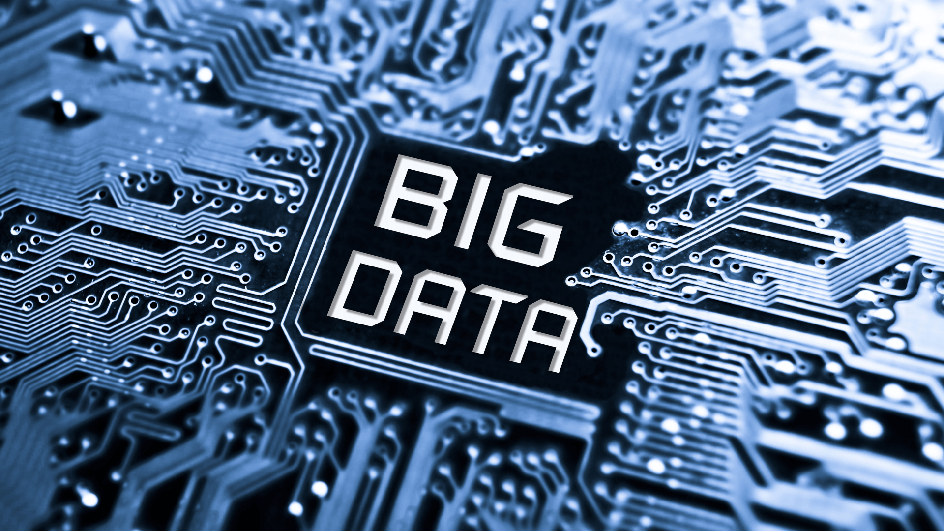 A digital circuit board with the words "BIG DATA" prominently displayed, symbolizing data processing, technology, and analytics.