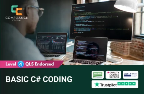 A person working at a desk with three computer monitors displaying code and data visualisations. The banner highlights “Level 4 QLS Endorsed” and includes accreditation logos: AoHT Member, Quality Licence Scheme, UKRLP, and Trustpilot rating, emphasising course credibility and foundational programming skills.